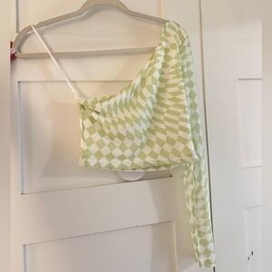 Princess Polly green and white checkered one shoulder long sleeve top